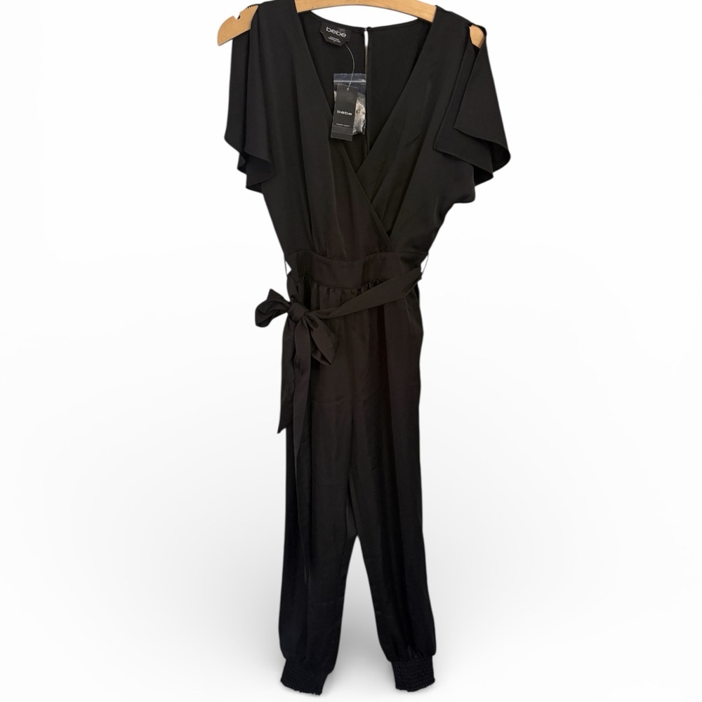 bebe Black Sleeveless Wrap Jumpsuit with Tie Waist